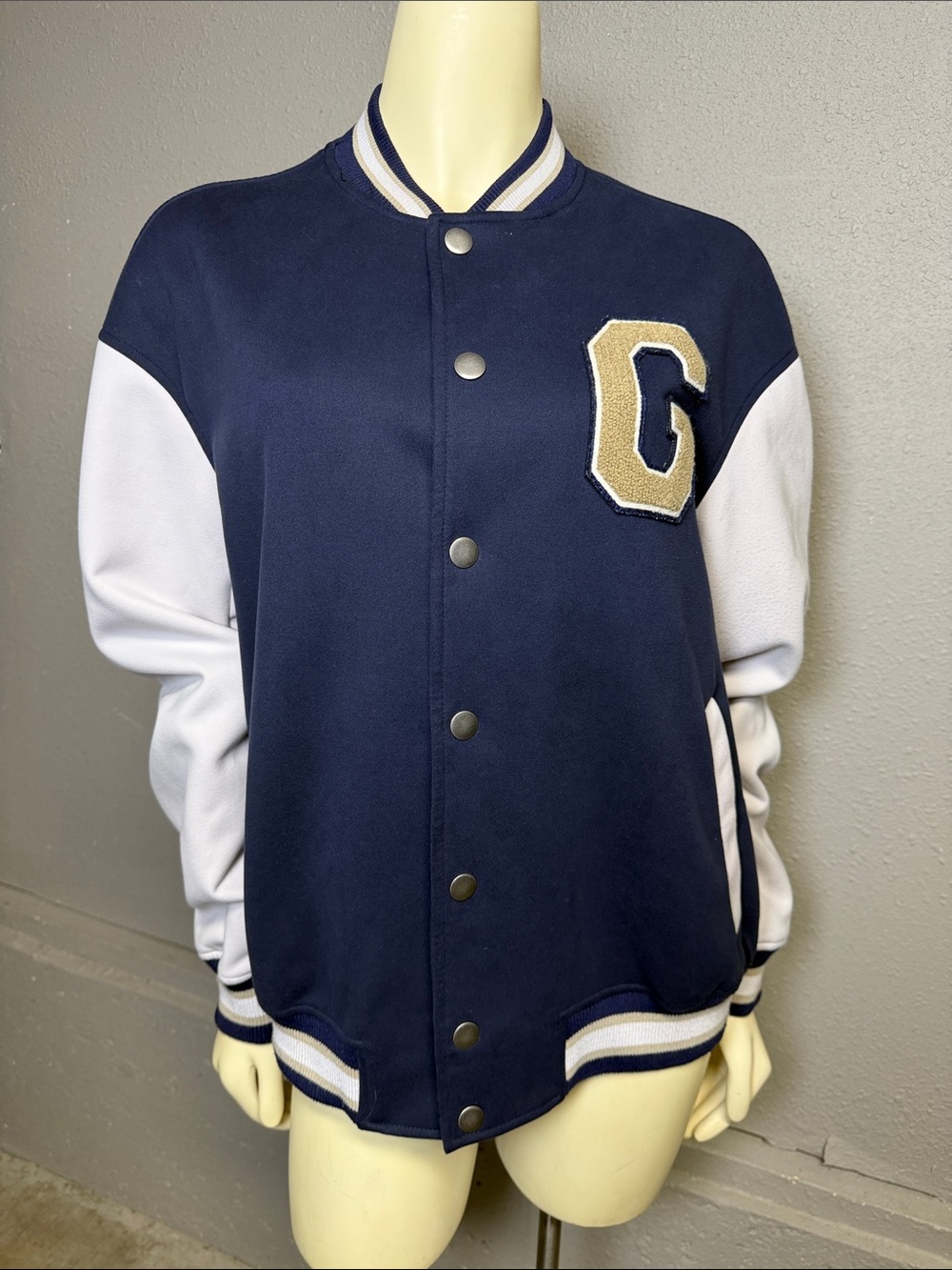 Zara Navy and White Varsity Jacket with Gold G Patch